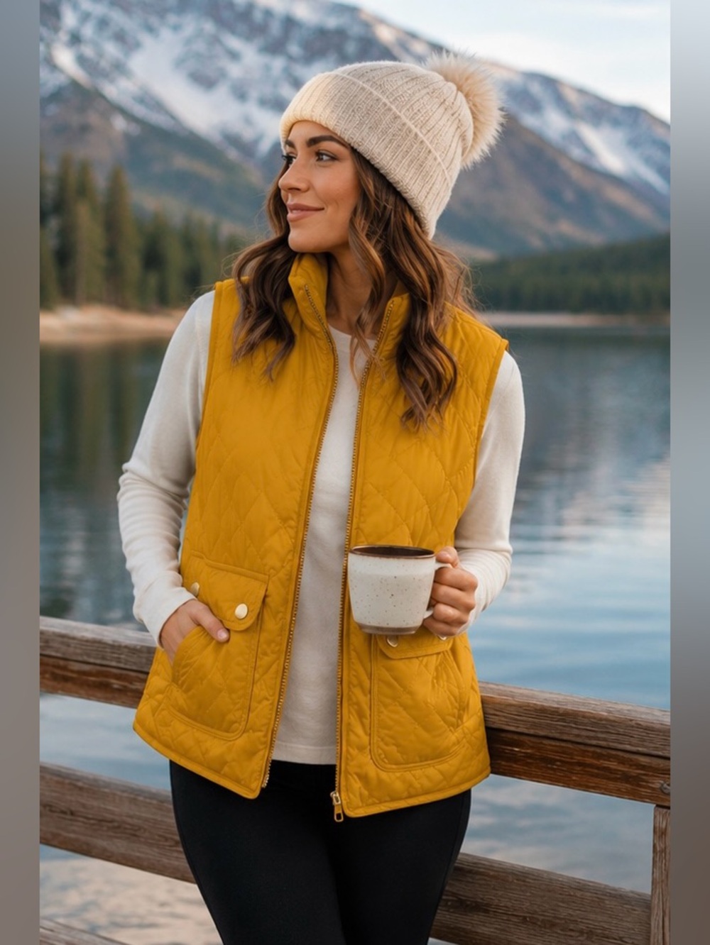 Love Tree Reversible Sherpa Lined Quilted Puffer Vest Chic Mustard Gold Medium